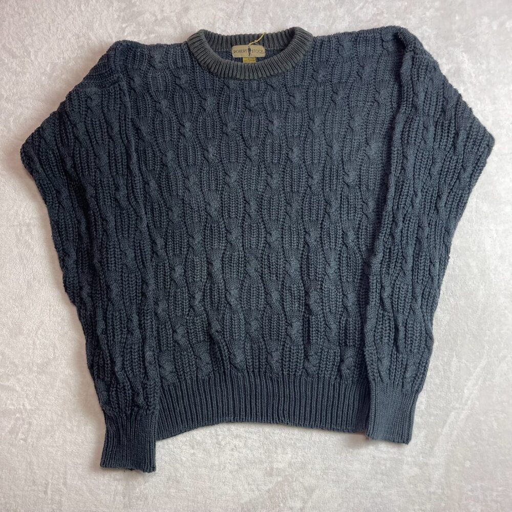 Robert Stock Men's Gray Cable Knit Crewneck Sweater Size L 100% Cotton 90s